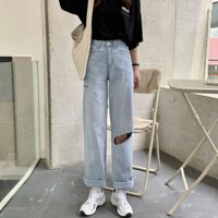 Quần jean rách lưng cao ống rộng cá tính thời trang hàn quốc cho nữ Chất Đẹp