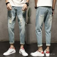Quần jean rách nam phong cách Hàn Quốc hợp thời trang quần ống nhỏ chín tấc quần Ăn Mày mùa thu hè nam quần rách 9 tấc thời trang nam