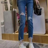 Quần Jean Rách Thẳng Phong Cách Hàn Quốc Mới Co Giãn Slim Fit Giảm Béo Quần Crop Đa Năng