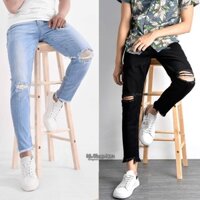 Quần jean routine rách gối tưa gấu mẫu quần bó nam ống côn co giãn