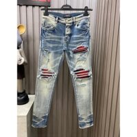 Quần jean skinny Amiri nam wash xanh khói rách xù viền vá vải nhăn kẻ xanh đỏ đùi gối ống xếp sóng likeauth JSC03P