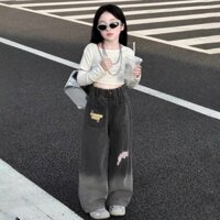 Quần Jean Suông Dài Siêu Ngầu Phong Cách Cá Tính Cho Bé Gái 16-35kg