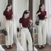 Quần jean suông kem phối viền đỏ. hottrend 2025. dễ phối đồ (JP1)