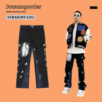 Quần jean suông nam hoạ tiết vệt sơn phong cách Âu Mỹ - Quần hiphop nam ống rộng streetstyle nam nữ