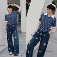 Quần jean suông nữ bigsize 60-95kg in nơ lưng thun rút dây, cạp cao, chất jean mềm mại co giãn tốt