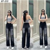 Quần jean suông nữ màu đen khói rách gối phong cách - Thương hiệu uy tín