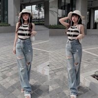 Quần jean suông ống rộng cạp cao rách gối,quần bò dáng suông-MAI THỎ SHOP- - Hàng mới về