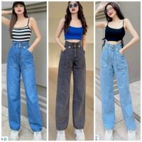 Quần jean suông ống rộng hai cúc,Quần bò nữ túi chéo cạp cao