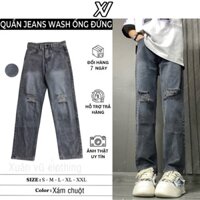 quần jean suông ống rộng jean màu xám chuột rách (43) Jean Menswear Pants Ong jean