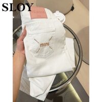 Quần jean thẳng lưng cao màu trắng 2025 Phong cách mới thêu dáng rộng dáng rộng hơn Quần ống rộng phiên bản Hàn Quốc Quần nữ Hàng có sẵn