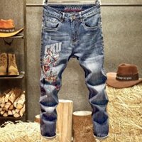 Quần jean thêu công nghiệp nặng mẫu mới 2024 quần ống thẳng nam ôm vừa vặn quần dài thương hiệu thời trang thêu cá chép thời trang mùa xuân