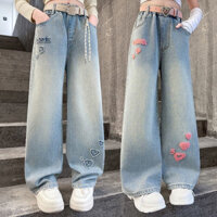 Quần jean thêu khăn cho bé gái, thời trang trẻ em, quần ống rộng