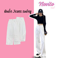 Quần Jean Trắng Ống Suông Lưng Cao, Quần Jean Trơn Basic Ống Rộng Đứng Form T053