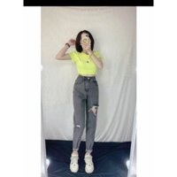 Quần jean xám khói,Quần baggy nữ rách gối lưng cao phong cách