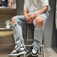 Quần Jean Xanh Bạc Rách Gối Khóa Zipper Phong Cách Trẻ Trung Năng Động