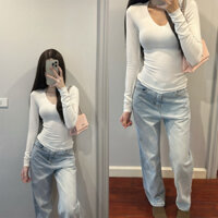 Quần jean xanh cổ điển cạp cao ống đứng (sẵn S/M)