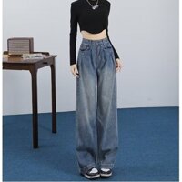 Quần Jean Xanh Cổ Điển Hình Quả Lê Nữ Thu Đông 2023 Phong Cách Mới Hồng Kông Phong Cách Lười Phong Cách Cao Cấp Rời Lau Quần Ống Rộng
