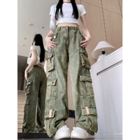Quần jean xanh cổ điển kiểu Mỹ quần yếm lau đường nhiều túi kiểu dáng nặng kiểu mới thu đông nữ