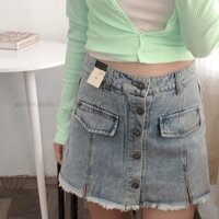Quần jean xanh giả váy phối nút kim loại basic phong cách hàn quốc