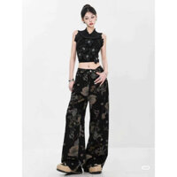 Quần jean xuông đen họa tiết hoa mới lạ, Quần bò nữ ống rộng họa tiết hoa siêu hot hit (HC61)