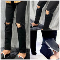 quần jean zipper nam màu đen rách gối, quần bò nam skinny rách gối dáng ôm gọn