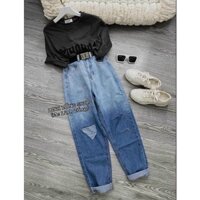 Quần jeans baggy lưng cao màu xanh loang trơn và rách