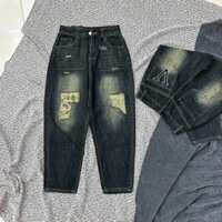Quần Jeans Baggy Nữ Cạp Cao Không Giãn, 2 Màu, Denim Có Túi Khuy Màu Xanh Rơ Rách Túi Dài 93cm - (4299/4300)