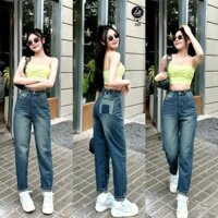 Quần jeans baggy nữ cotton lung thun co dãn màu xanh đậm rách túi siêu đẹp Kim Anh Jeans MS 349