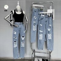 Quần jeans baggy nữ  ( nấm lùn ) rách màu xanh nhạt lưng cao có tag da hottrend phong cách dễ thương nữ tính MS 336