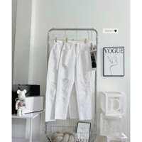 Quần jeans baggy trắng rách gối lưng cao