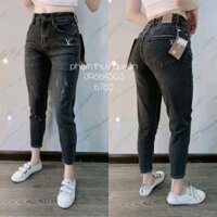 Quần jeans baggy xuất xịn lưng thun đen khói thêu chữ L.V ống ôm