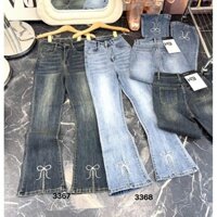 Quần jeans bò nữ dáng dài ống loe xẻ lai thêu nơ - size SML