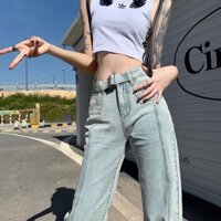 Quần jeans bootcut dáng rộng cho nữ, thắt lưng nối xuân hè, quần cạp cao giảm béo