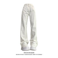 Quần jeans bootcut màu trắng cổ điển lưng cao dáng đứng