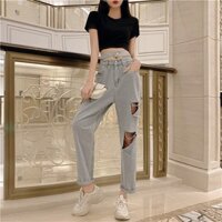 Quần jeans dài nữ rách lỗ to lưng cao nịch eo chân ống rộng eo thon ulzzang