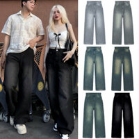 Quần Jeans Dài Ống Rộng Wash RETRO FEAER STORE, Quần Jean Baggy Cạp Cao Tôn Dáng Nam Nữ Unisex SMOKE FE1098