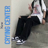 Quần jeans đen cao cấp, quần bò đen, baggy,xuông rộng nam,nữ, Crying Center wash retro xanh, đen, rách 2 gối