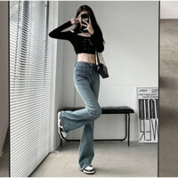 Quần jeans loe bạc tua gấu lưng cao chất dãn phong cách hàn quốc