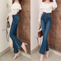 Quần Jeans Loe Ống Bát Màu Xanh Đậm Đen Tuyền Lai 6 Nút Lưng Cao Co Dãn Mạnh 4430 MoLi Jean Thời Trang Bigsize