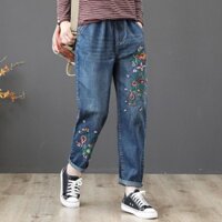 Quần Jeans Lưng Thun Cột Dây Dáng Rộng Cỡ Lớn Thêu Họa Tiết Phong Cách Retro Nghệ Thuật Thời Trang Cao Cấp Cho Nữ