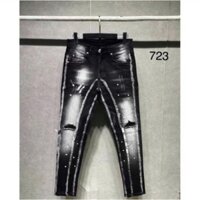 Quần jeans nam dài đen wash 2 đáy rách xước cào nhẹ vẩy sơn co giãn trẻ trung năng động