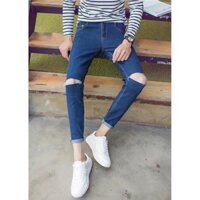 Quần Jeans Nam Dáng Ôm Ống Côn Màu Xanh Rách Gối