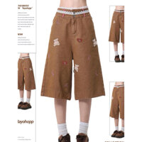 Quần jeans ngắn gấu thêu ren cạp đôi phong cách Mỹ thiết kế thẳng quần dài rộng lau nhà