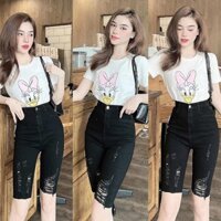 Quần Jeans Ngố BigSize Dáng Lửng Ngang Gối Phom Ôm Lưng Cao Co Dãn Mạnh Màu Đen Tuyền Rách Kiểu 4268 4283