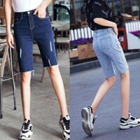 Quần Jeans Ngố BigSize Dáng Lửng Ngang Gối Phom Ôm Lưng Cao Co Dãn Mạnh Màu Xanh Nhạt Xanh Đậm Cào Xước 4351 4353