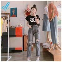 Quần jeans nữ baggy xám rách nhiều ngang gối LK phong cách cá tính -dt
