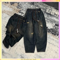 Quần jeans nữ dáng baggy rách gối nhẹ cạp chun có dây rút kiểu dáng trẻ trung