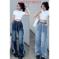 QUẦN JEANS NỮ DÁNG SUÔNG LƯNG CHUN, QUẦN BÒ NỮ ỐNG RỘNG VIỀN SỌC 2 BÊN PHOM TRƠN NĂNG ĐỘNG