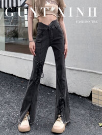 Quần jeans nữ lưng cao, ống loe xẻ tà bện xương cá trendy size S M L, Quần bò ống loe cạp V đan dây phong cách retro
