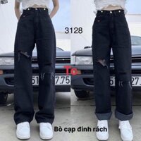 Quần Jeans nữ nút hông ống rộng Ulzzang Quần Ống Rộng Nữ